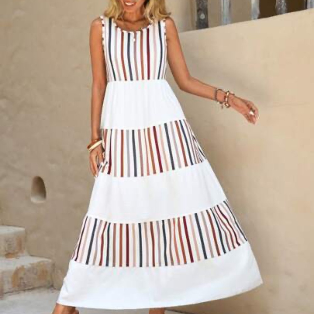 Striped Maxi Dress in White and Multicolor